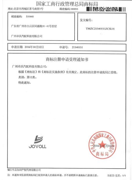 Porcellana Guangzhou Jovoll Auto Parts Technology Co., Ltd. Certificazioni